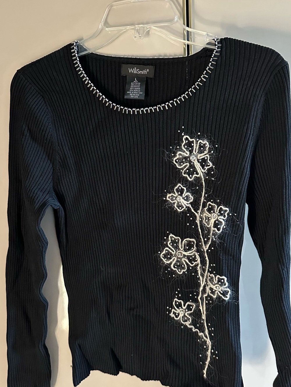 Willi Smith Black Ribbed Long-Sleeve Top with White Floral Embroidery